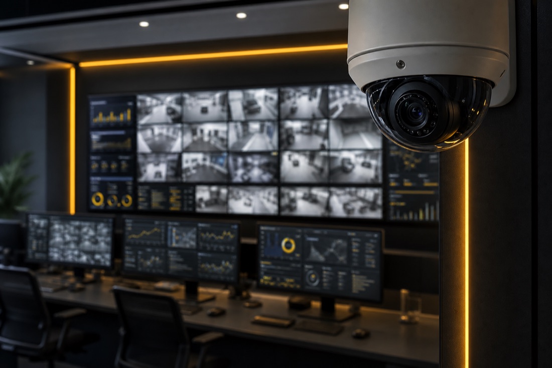 Câmera de segurança com central de monitoramento ao fundo