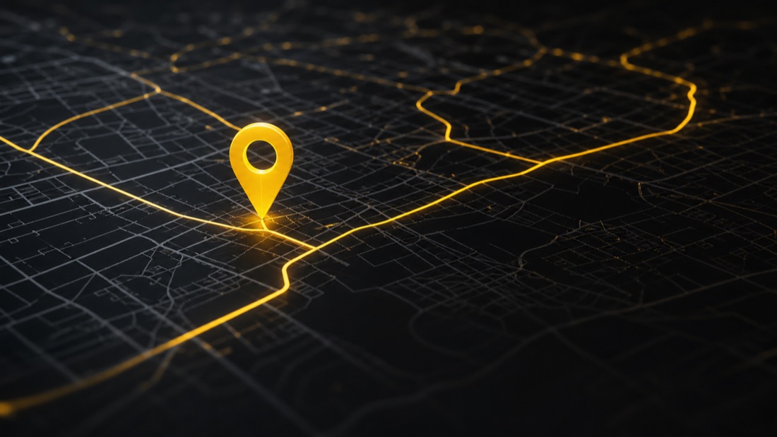 Mapa digital com rota amarela e ponto de monitoramento veicular