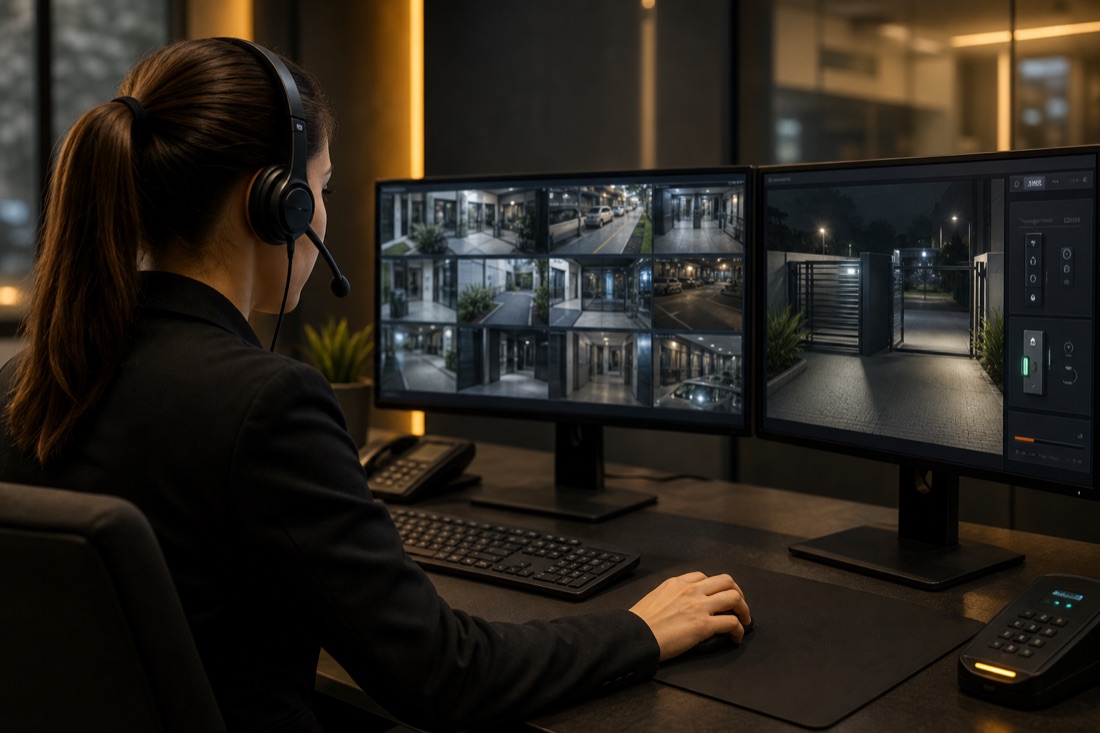 Operadora com headset monitorando acessos de portaria remota